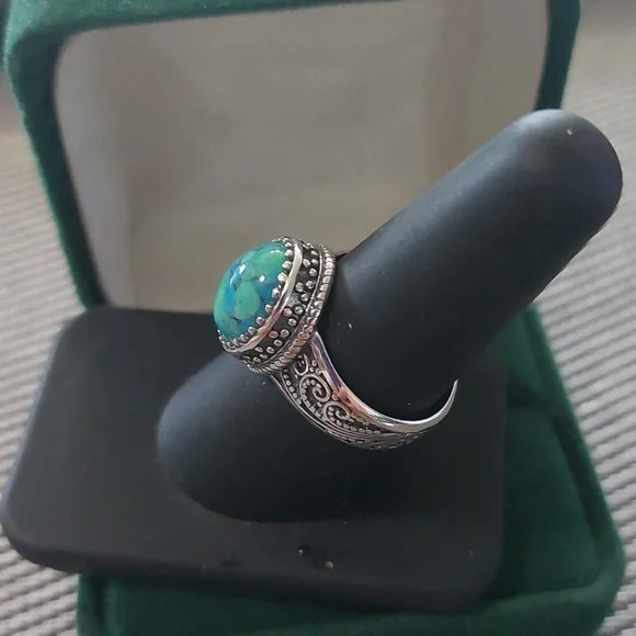 Sterling Silver Genuine Turquiose Oxidized Men's Ring sz 8 or 9